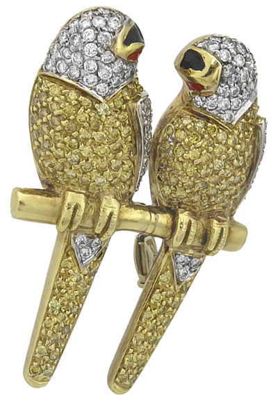 natural fancy yellow and white diamond 18k gold bird pin front view photo