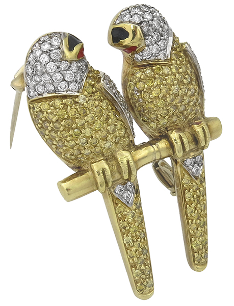 natural fancy yellow and white diamond 18k gold bird pin front view photo