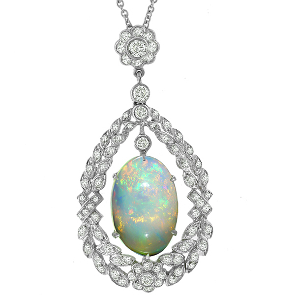 18k white gold opal and diamond pendant 1