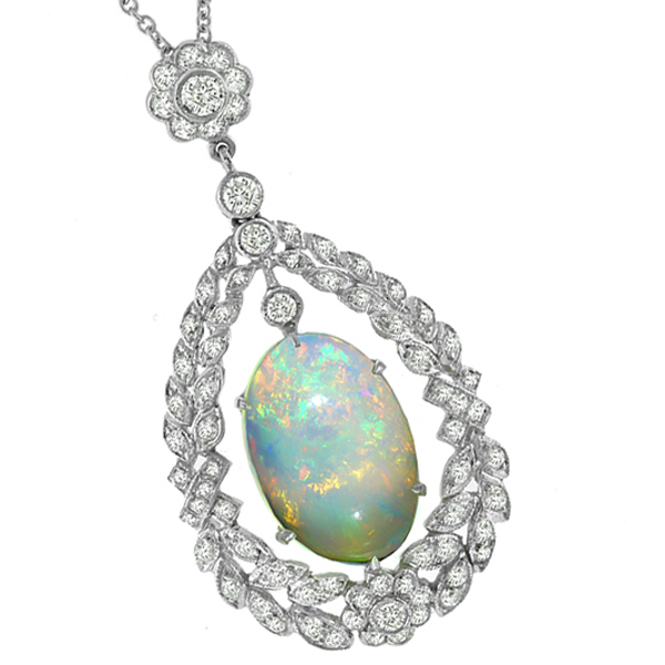 18k white gold opal and diamond pendant 1