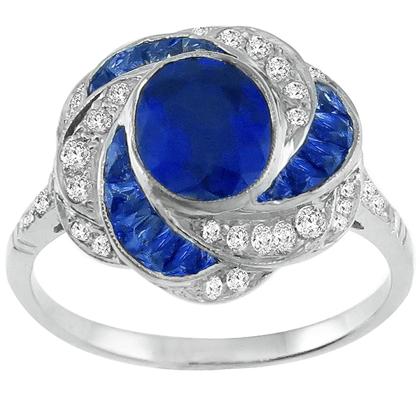 Art Deco Style 1.50ct Oval Cut Center & 0.50ct Faceted Cut Sapphire 0.40ct Round Cut Diamond 18k White Gold Ring