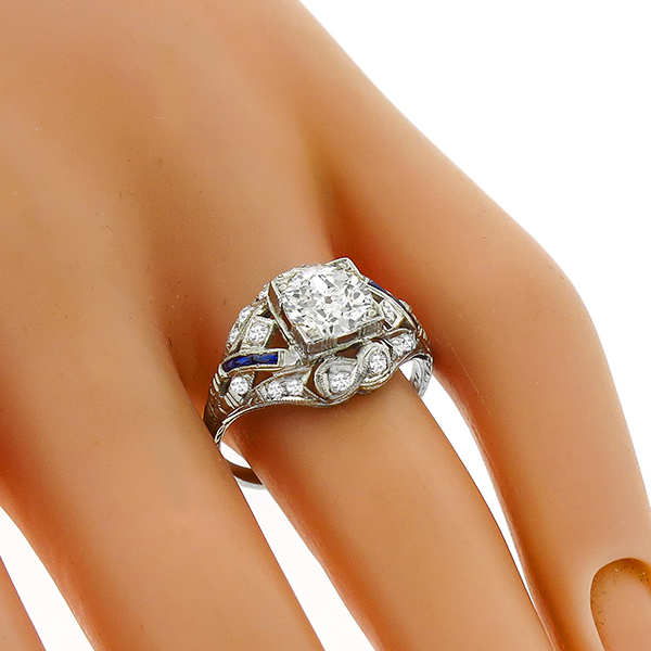 Art Deco 1.28ct Diamond Sapphire Engagement Ring