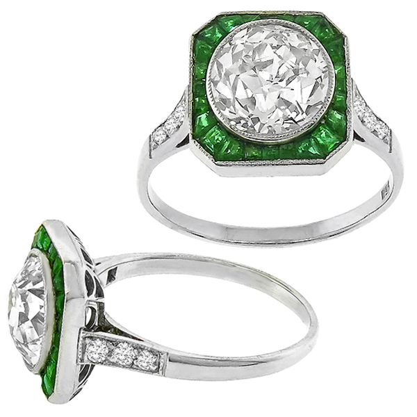Estate Art Deco Style 2.28ct Old European Brilliant Diamond  Emerald 18k White Gold Engagement Ring 