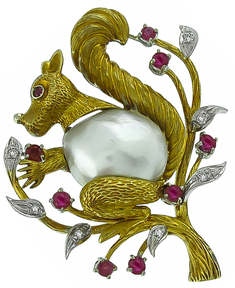 Baroque Pearl 0.75ct Ruby Diamond Squirrel Pin Photo 1