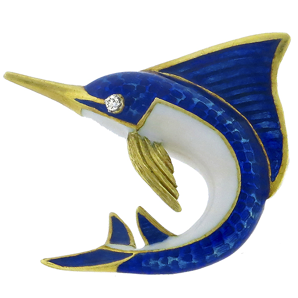 18k yellow gold enamel sail fish pin 1