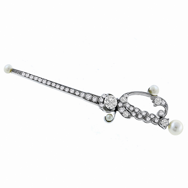  diamond pearl 18k white gold  sword pin 1