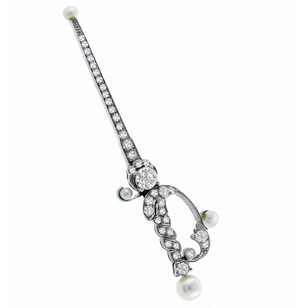  diamond pearl 18k white gold  sword pin 1