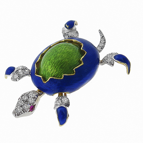  18k yellow & white gold green and blue  enamel diamond ruby pin 1