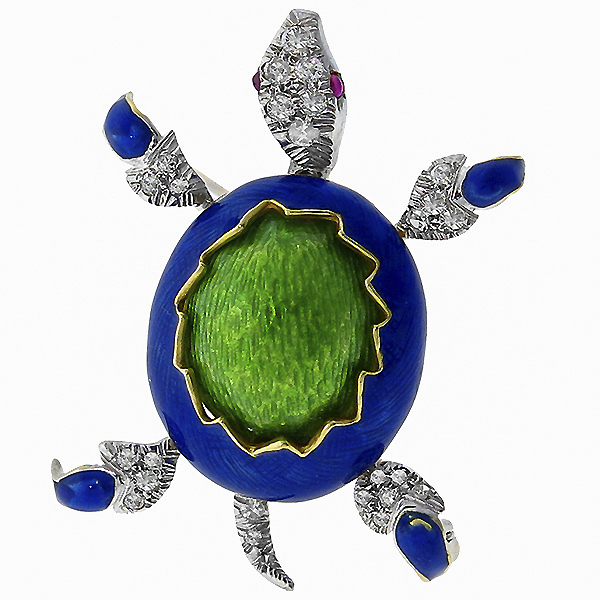  18k yellow & white gold green and blue  enamel diamond ruby pin 1