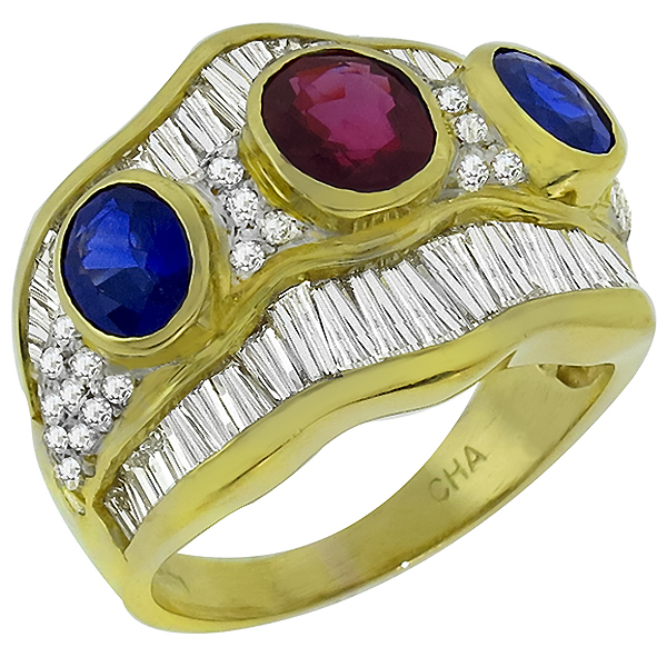 18k yellow gold diamond, ruby, and sapphire ring 1