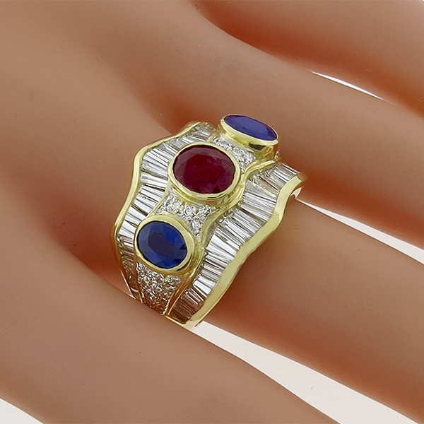 18k yellow gold diamond, ruby, and sapphire ring 1