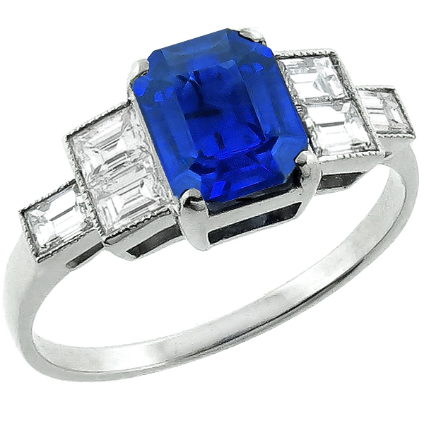 Estate 1.66ct Emerald Cut Ceylon Sapphire 0.60ct Baguette Cut Diamond Platinum Engagement Ring 