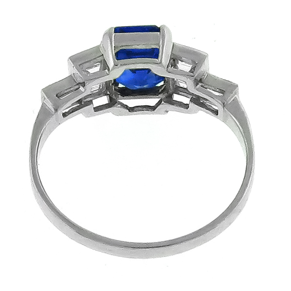 Estate 1.66ct Emerald Cut Ceylon Sapphire 0.60ct Baguette Cut Diamond Platinum Engagement Ring 