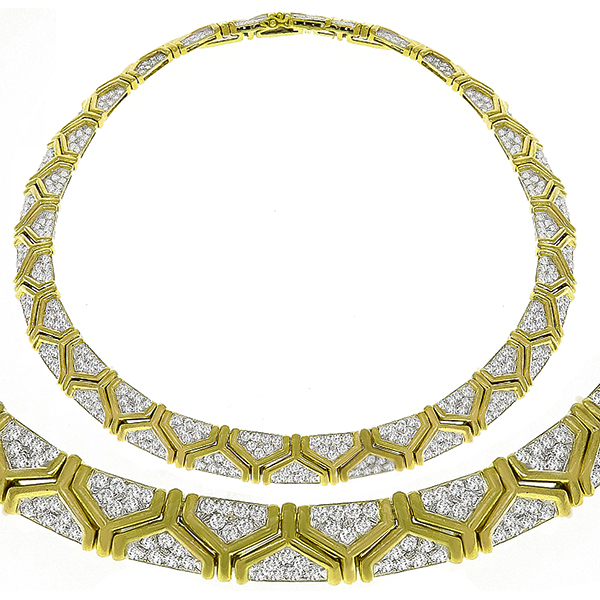 Estate 17.00ct Round Cut Diamond 18k Yellow & White Gold Geometric Necklace