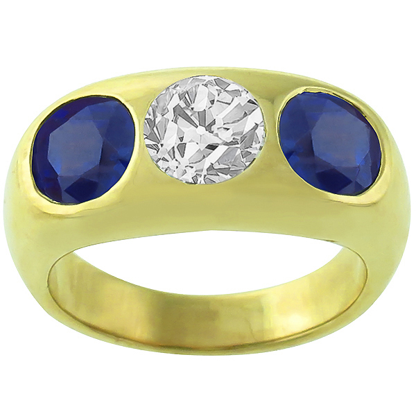 3 Stone 0.75ct Diamond 1.60ct Sapphire Gypsy Men's Ring 2
