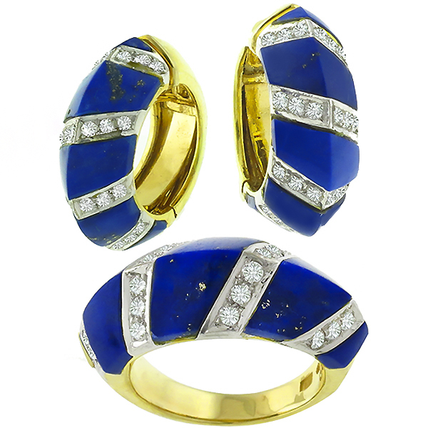 1.85ct Diamond Lapis Gold Huggies Earrings & Ring Set 1