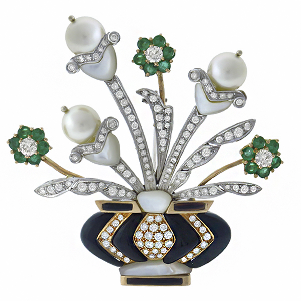 diamond, emerald,  pearl, onyx,  mother of pear 14k yellow and white gold  floral vase pin 1