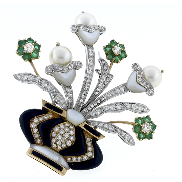 diamond, emerald,  pearl, onyx,  mother of pear 14k yellow and white gold  floral vase pin 1