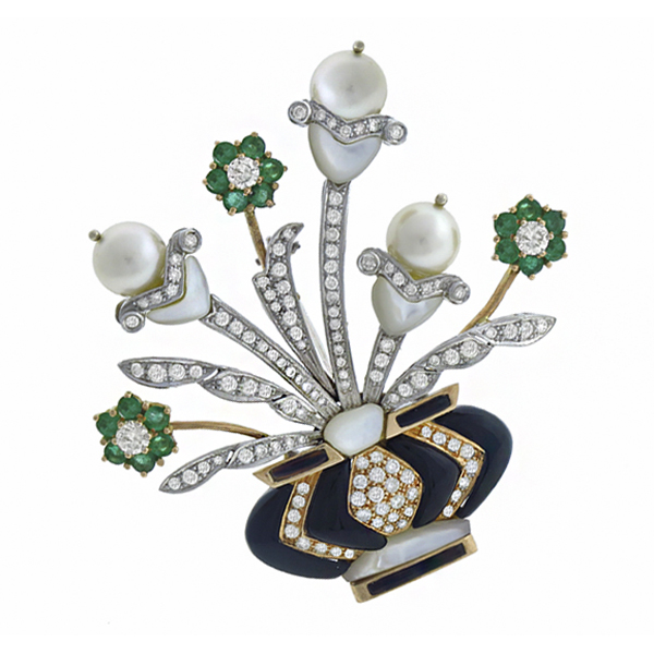 diamond, emerald,  pearl, onyx,  mother of pear 14k yellow and white gold  floral vase pin 1