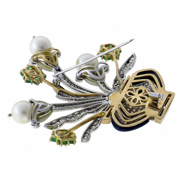 diamond, emerald,  pearl, onyx,  mother of pear 14k yellow and white gold  floral vase pin 1