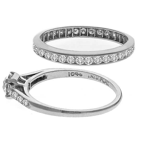 Estate Antique 0.35ct Old Mine Cut Diamond Platinum Engagement Ring & 0.50ct Old Mine Cut Diamond Eternity Wedding Band Set