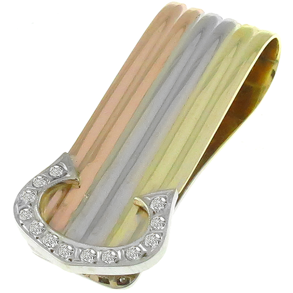 Estate Cartier Style Round Cut Diamond 14k Yellow, White & Pink Gold Money Clip 