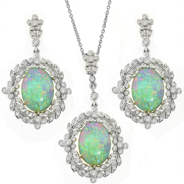 Opal Diamond Gold Earrings & Pendant Set
