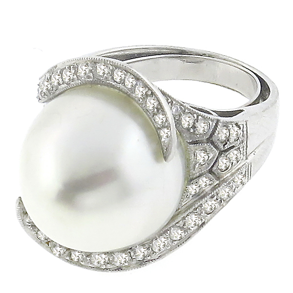 diamond  south pearl and diamond 14k white gold ring 1