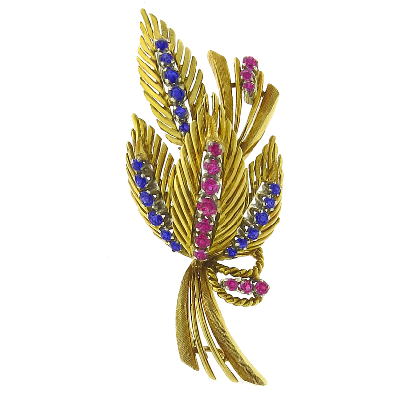 0.72ct Sapphire 0.52ct Ruby Gold Floral Pin