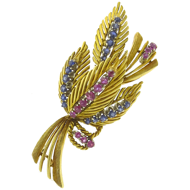 0.72ct Sapphire 0.52ct Ruby Gold Floral Pin