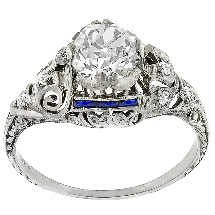 Art Deco GIA 1.07ct Diamond Sapphire Engagement Ring