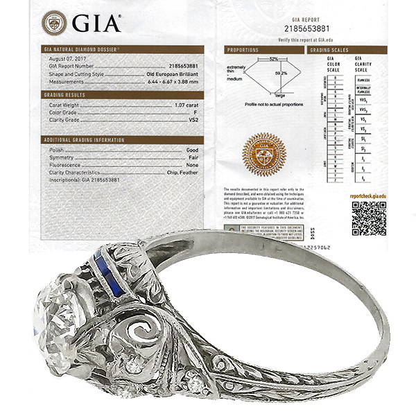 Art Deco GIA 1.07ct Diamond Sapphire Engagement Ring
