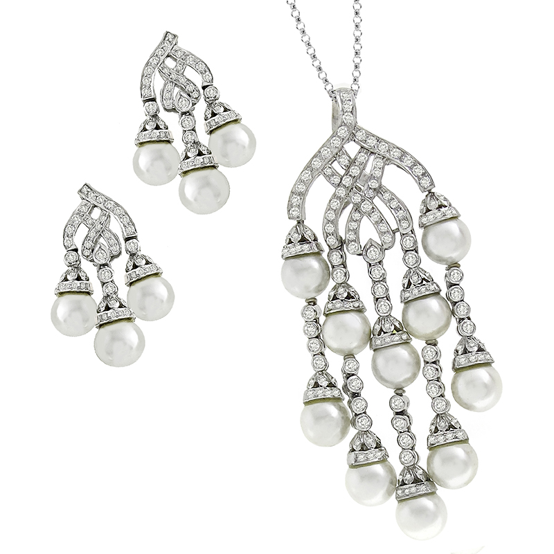 4.85ct Diamond Pearl Gold Pendant And Earrings Set