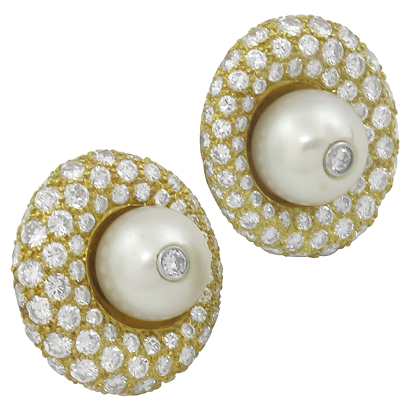 pearl 4.50ct diamond 14k gold earrings front view photo