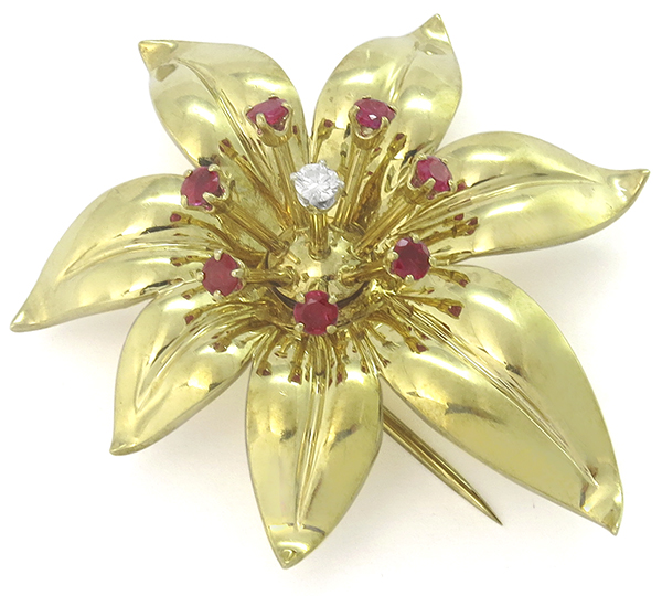 vintage ruby diamond 14k gold flower pin top view photo