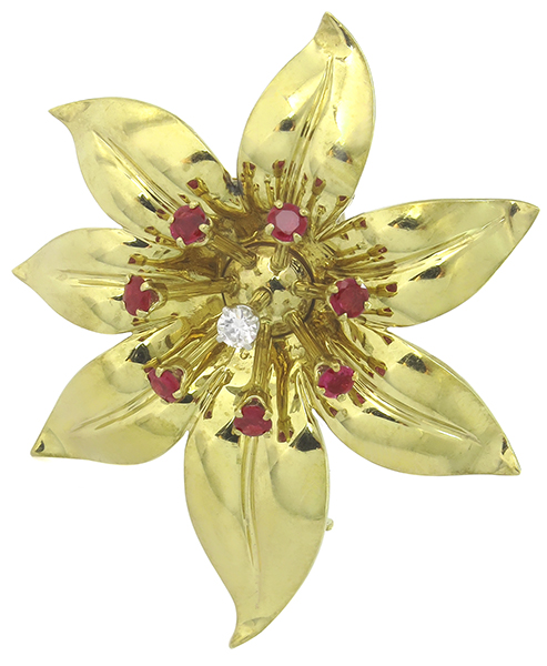 vintage ruby diamond 14k gold flower pin top view photo