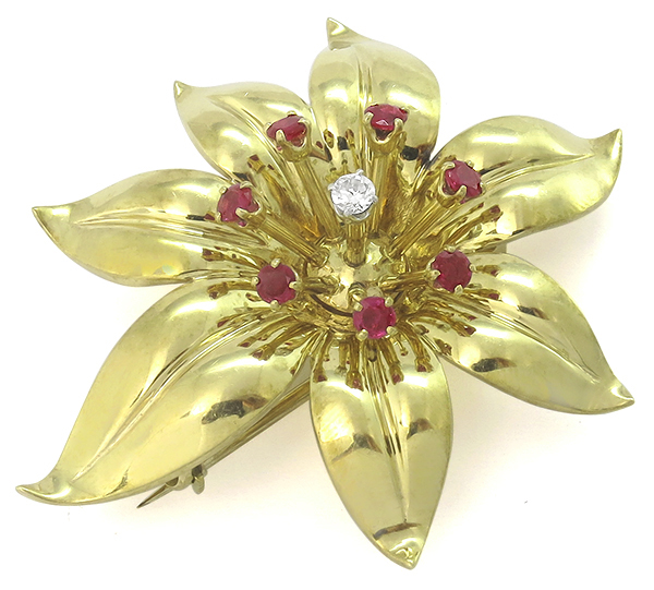 vintage ruby diamond 14k gold flower pin top view photo