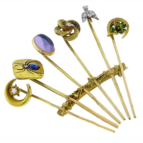 diamond,  sapphire, amethyst & enamel 14k yellow gold stack of stick pins 1