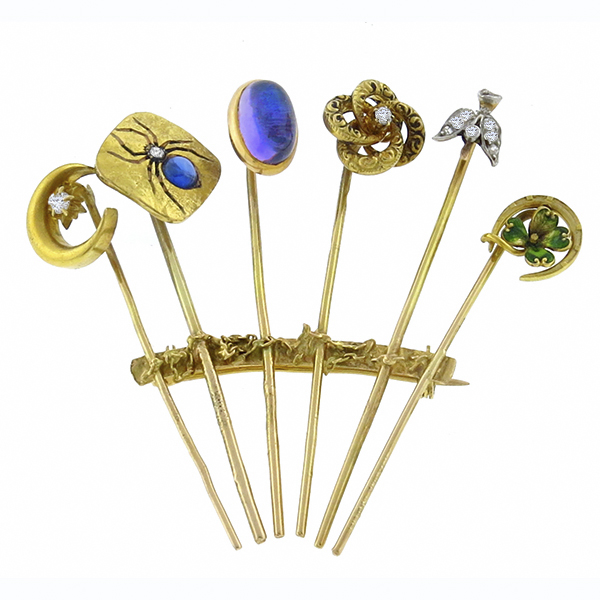 diamond,  sapphire, amethyst & enamel 14k yellow gold stack of stick pins 1