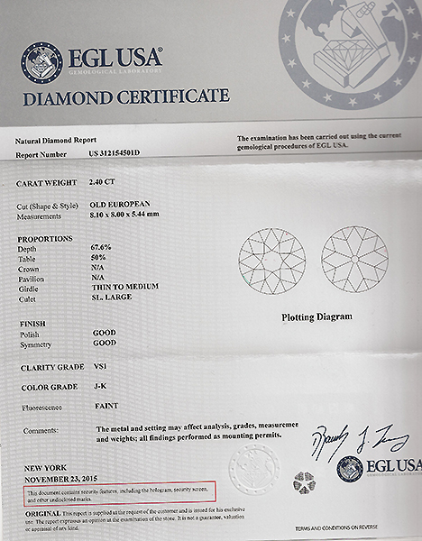 Vintage EGL Certified 2.40ct Diamond Engagement Ring Photo 1