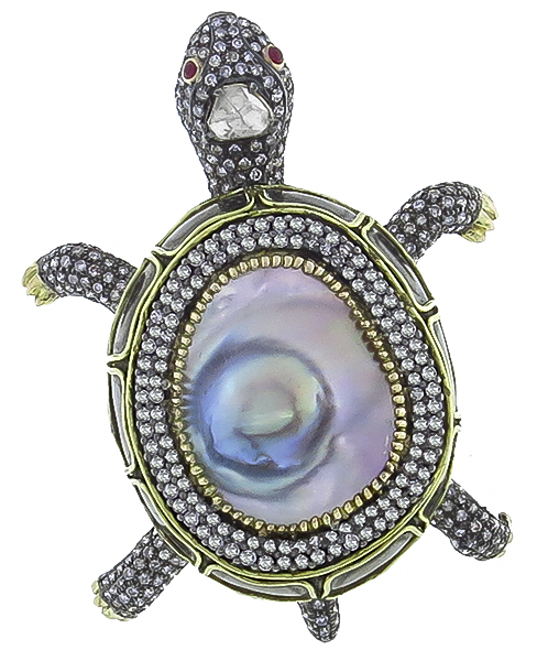 mother of pearl 7.00ct diamond turtle pin photo 1