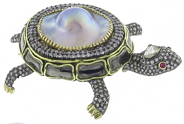 mother of pearl 7.00ct diamond turtle pin photo 1