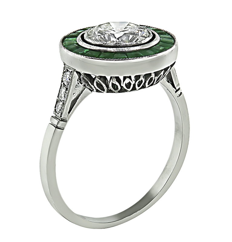 Art Deco 1.06ct Diamond Emerald Halo Engagement Ring