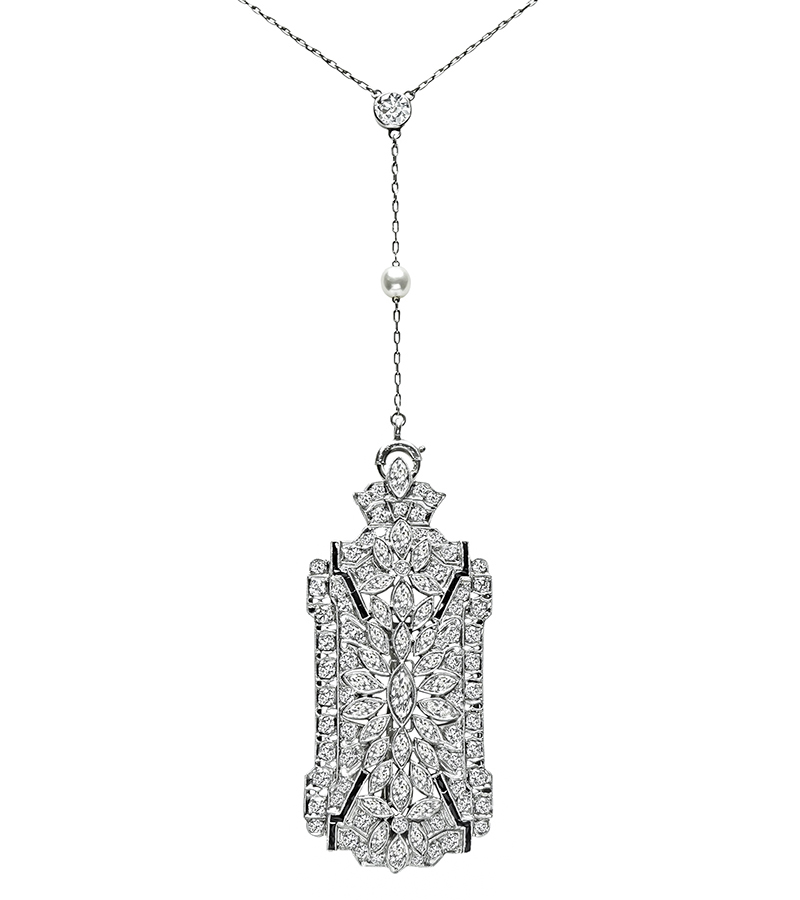 Art Deco 6.50ct Diamond Pearl Onyx Pin / Pendant Necklace