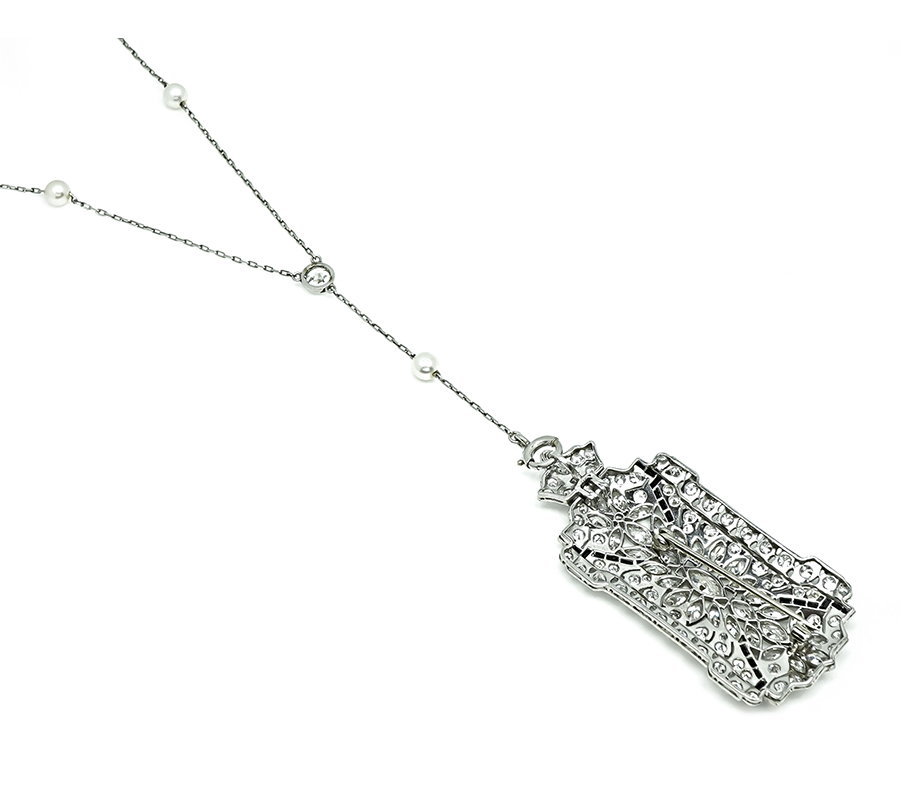 Art Deco 6.50ct Diamond Pearl Onyx Pin / Pendant Necklace