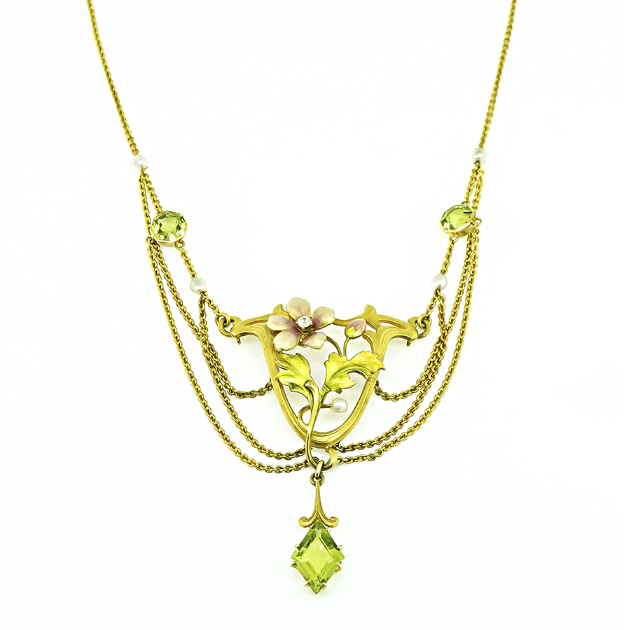 Art Nouveau Enamel Gold Pendant Necklace