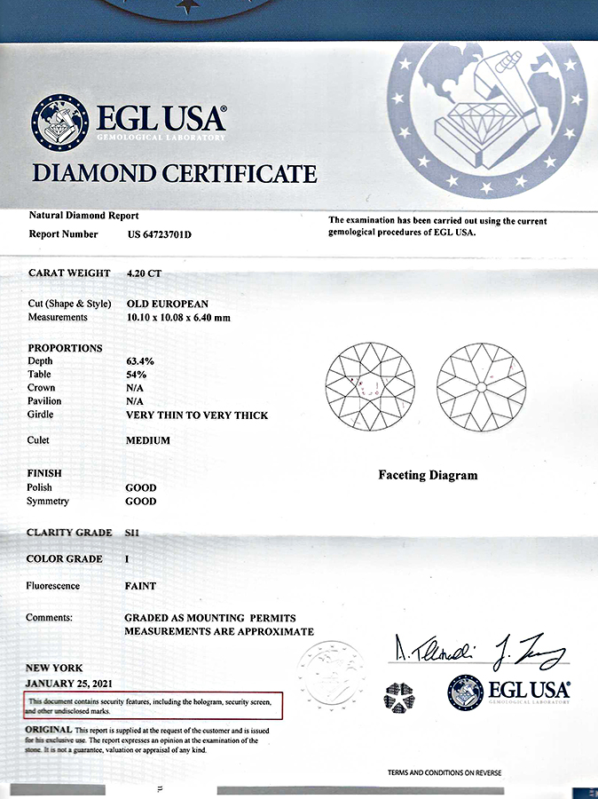 Estate EGL Certified 4.20ct Diamond Engagement Ring