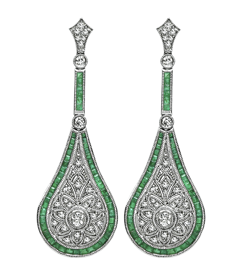 Estate 1.50ct Emerald 0.73ct Diamond Drop Earrings