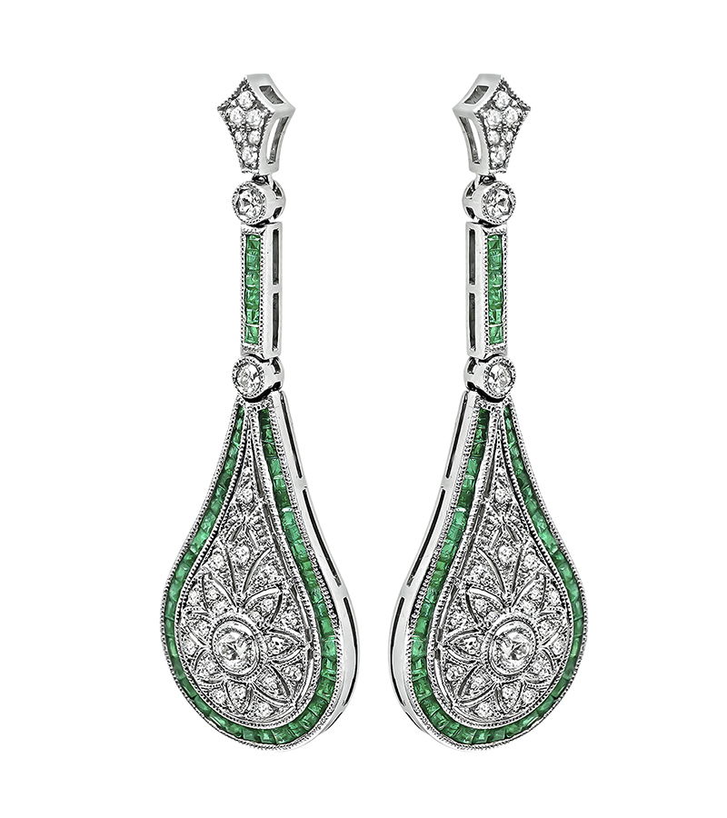 Estate 1.50ct Emerald 0.73ct Diamond Drop Earrings