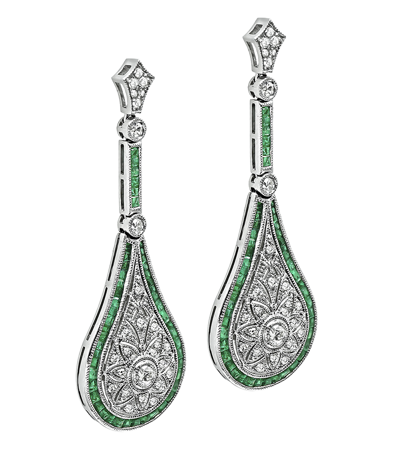 Estate 1.50ct Emerald 0.73ct Diamond Drop Earrings